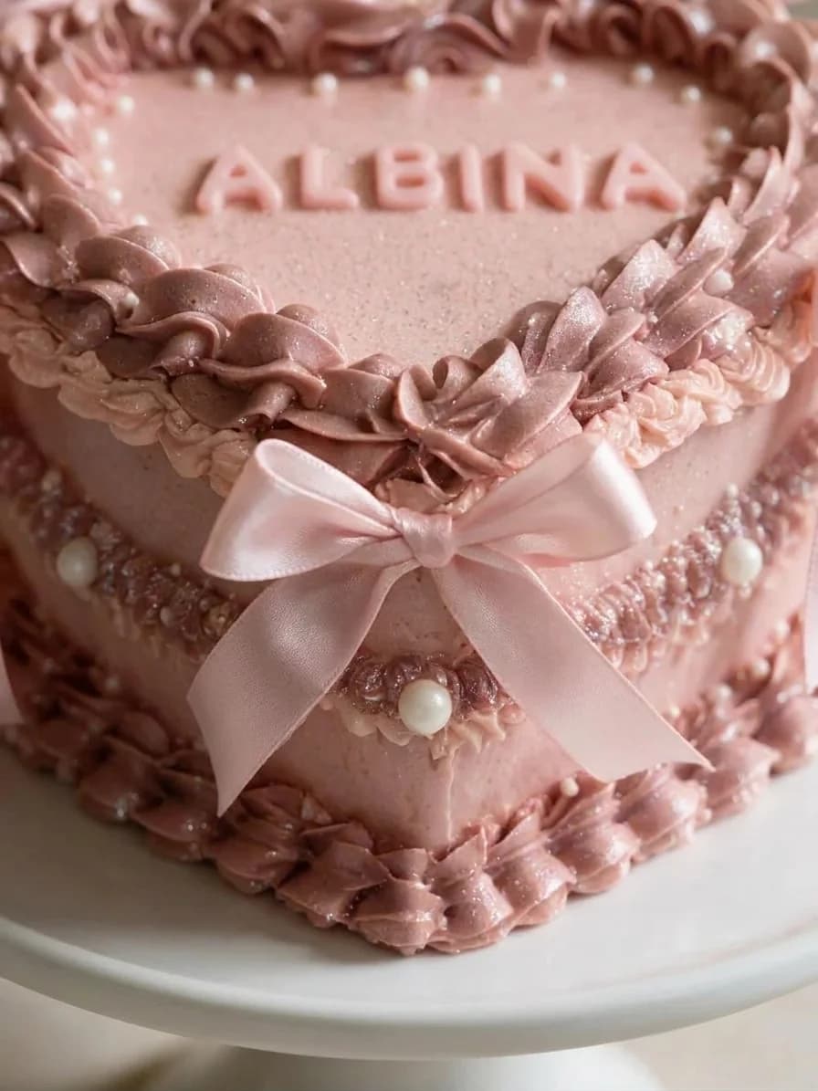 Nœud en satin rose et glaçage plissé sur le côté d'un gâteau